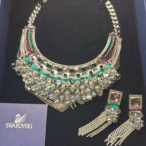 Authentic Swarovski statement Necklace. Silver Violet & Green Crystal Necklace